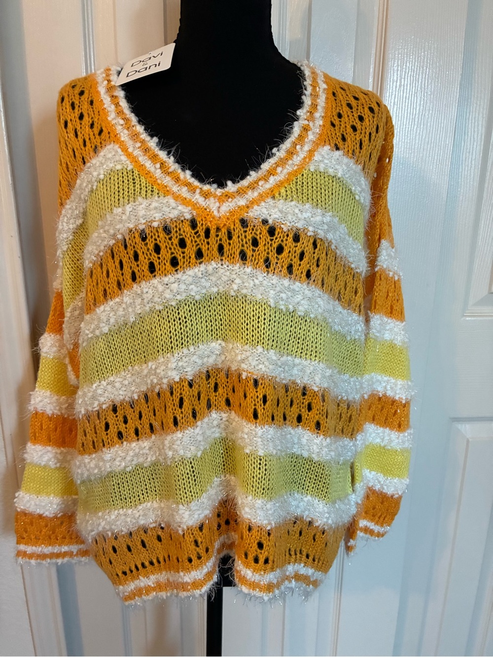 DAVI & DANI V-Neck Striped Sweater in Yellow, White & Gold